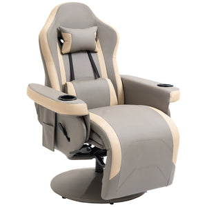 English Elm HOMCOM Grey PU Leather Recliner Armchair with 135° Recline, 360° Swivel, Cup Holder & Storage Pocket, Adjustable Headrest and Footrest W2225P173864