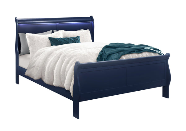 English Elm CHARLSTON Sleigh-Style Full 5PC Bedroom Set with LED Headboard, Solid Wood & Turned Legs Finish Blue 29 L x 22 W x 22 H B201S00319