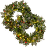 Christopher Knight Home® - Noble House - - 2-Packed 24'' Glitter Bristle Mixed Wreath With With 9 Red Berry And 9 Pine Cones And 50 Warm White Led Lights With Timer-Battery Operated-Outdoor, 150 Tips