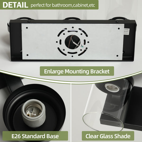 English Elm 3 Light Matte Black Vanity Light with Clear Glass Shades, Farmhouse Waterproof LED Fixture for Bathroom Hallway Vanity Mirror W2312P389977