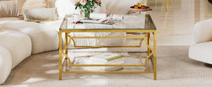 English Elm Square Glass Coffee Table 33.5" — Modern Tempered Glass Top with Gold Geometric Metal Frame & Shelf Transparent N735P326510K