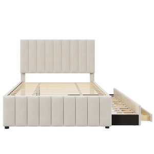 English Elm Full Upholstered Platform Bed with Twin Trundle and 3 Drawers, Linen Comfort, Sturdy Wood Frame Beige SF000249AAA