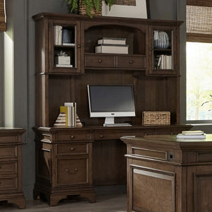English Elm Stigham Burnished Oak 5-Drawer Credenza & Hutch Set - Elegant Workspace With Power & Storage Solutions B062S00801-GIGA