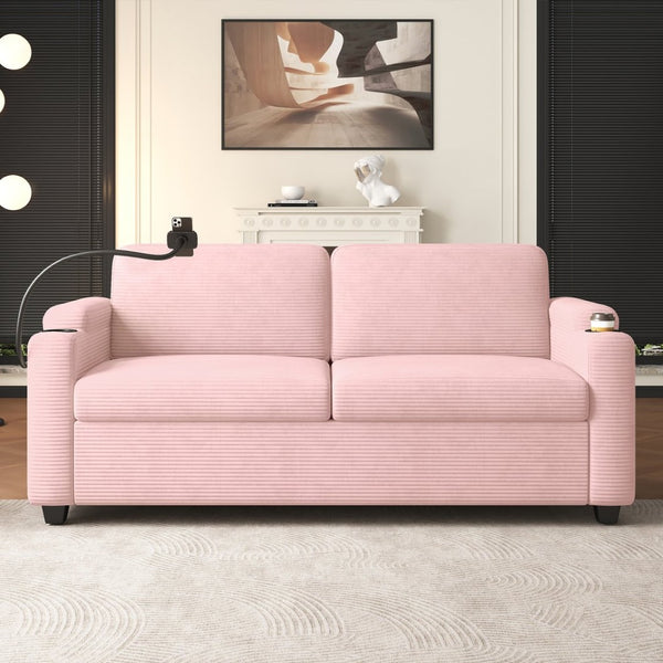 English Elm 72.8" Corduroy Convertible Loveseat with Full Bed Usb Charging and Storage Pockets N719P208880P