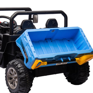 English Elm 24v Kids Ride on Dump Truck Two Seat Electric Utv with Tilting Bed and Remote Control Blue W1578P188521