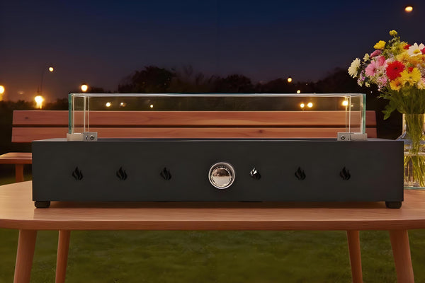 English Elm 28-Inch Wind-Resistant Rectangle Fire Pit 40,000BTU Steel Patio Heater with Glass Beads Design Enhanced W853P366687
