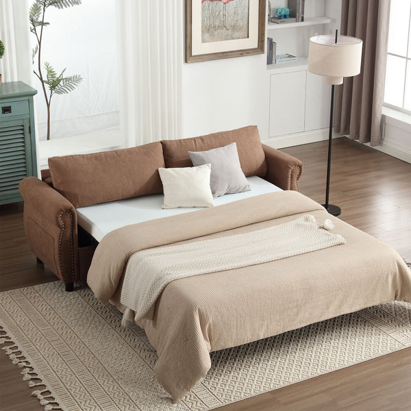 English Elm U_Style Convertible 2-in-1 Sofa Bed Sleeper with Large 63"x70.9" Mattress, Retro Rivet Accent Design Brown W2705S00020