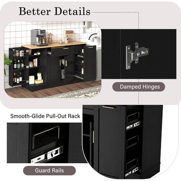 English Elm Trexm Multifunctional Sideboard with Pull Out Bottle Rack Adjustable Shelves Kitchen Storage Black XW000026AAB