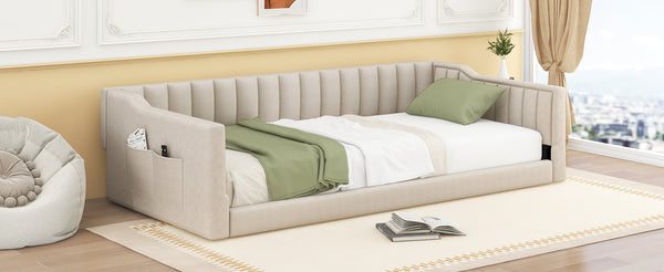 English Elm Twin XL Upholstery Daybed with Vertical Channel Tufting, Velvet Fabric, Slat Support & Side Storage Pocket for Guests Beige DL002210AAA