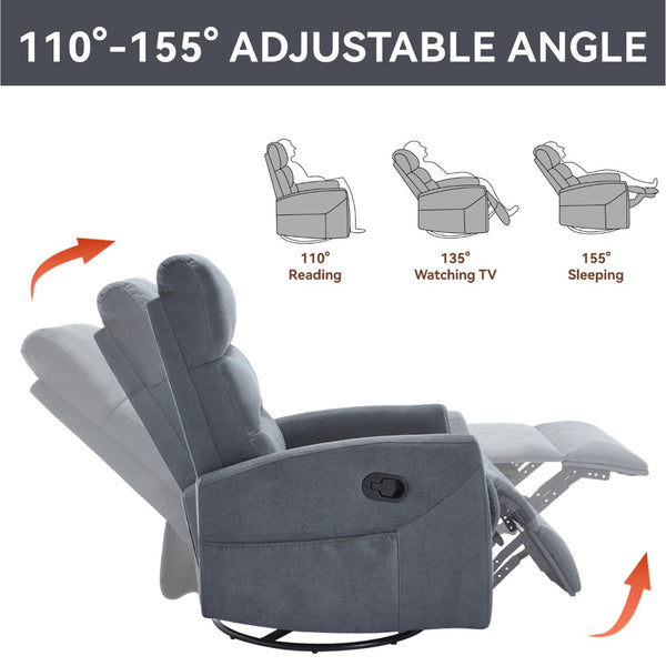 English Elm Manual Swivel Rocker Recliner Chair Upholstered in Fabric for Living Room Comfort W3224P289293