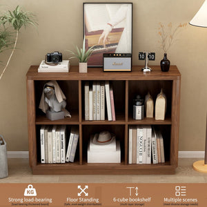 English Elm 6 Cube Farmhouse Bookcase Low Horizontal Wood Shelf Walnut Finish for Living Room W2641P460042