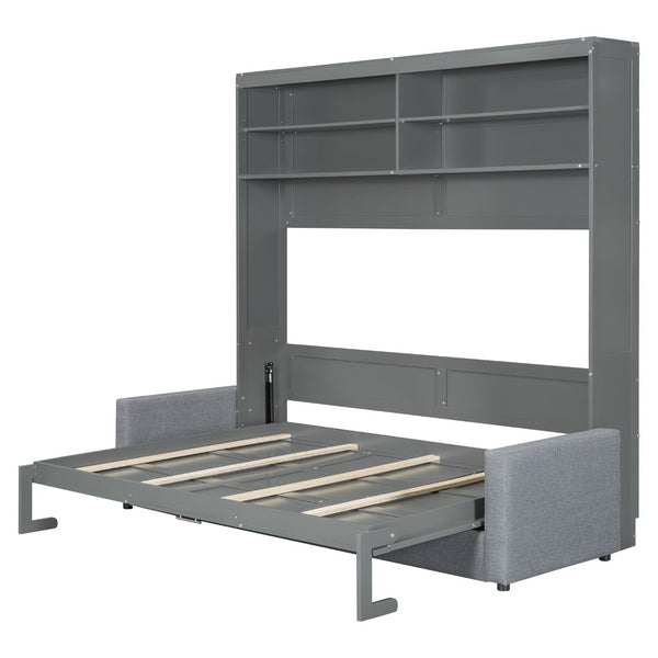 English Elm Queen Murphy Wall Bed with Linen Sofa for Studio and Small Space Living Gray LP000892AAE