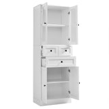 English Elm Tall Bathroom Storage Cabinet, Cabinet With Four Doors and Drawers, Adjustable Shelf, Mdf Board, White