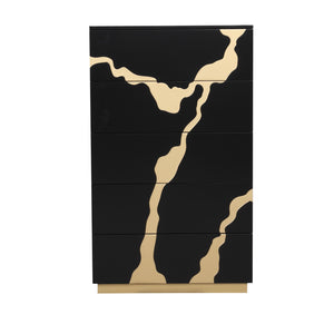 English Elm Contemporary Chic Five-Drawer Chest with Chrome Legs, High-Gloss Coating, Smooth Modern Design Black,Gold 22 L x 34 W x 55 H B2741P369852