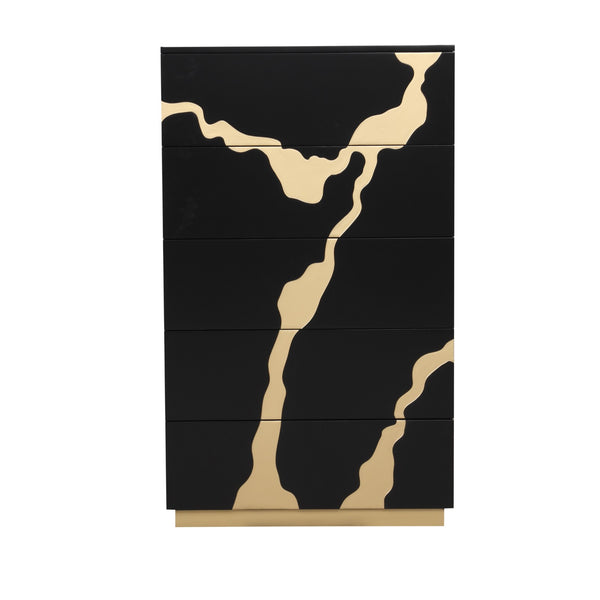 English Elm Contemporary Chic Five-Drawer Chest with Chrome Legs, High-Gloss Coating, Smooth Modern Design Black,Gold 22 L x 34 W x 55 H B2741P369852