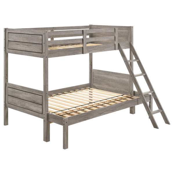English Elm Brenton Twin-Over-Twin Bunk Bed with Ladder and Slatted Rails, Solid Rubberwood Farmhouse Style Retreat Brown B062S01006