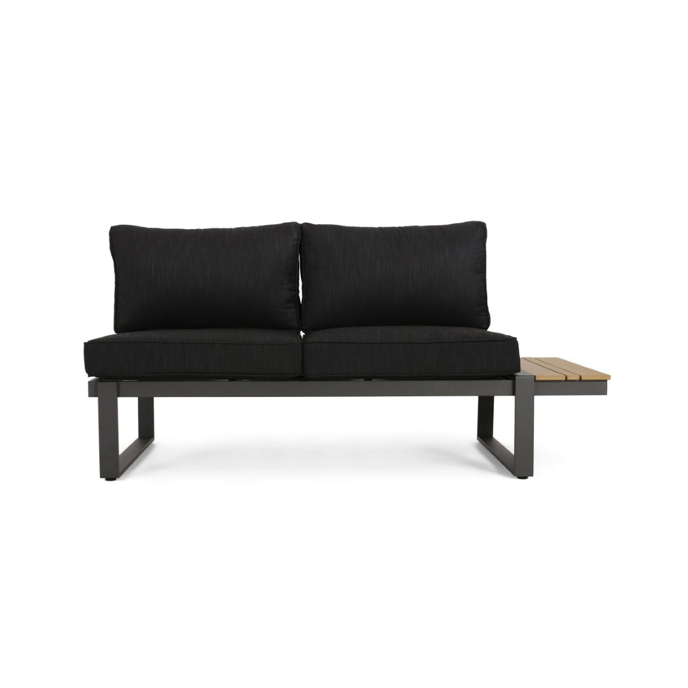English Elm Sterling Outdoor Aluminum Sectional Sofa Set with Acacia Wood and Weather Proof Cushions STERLING -V SAHPE FGRY
