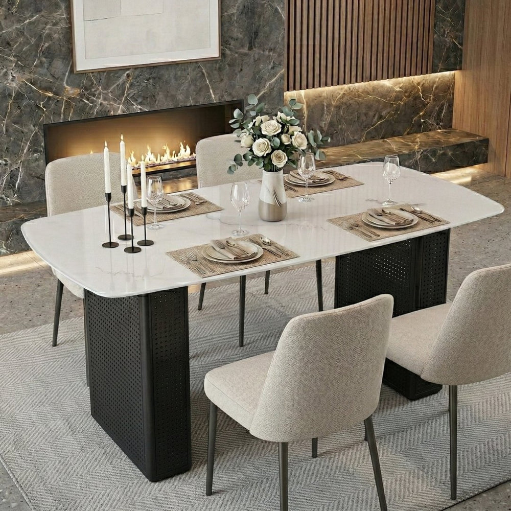 English Elm Modern Marble Glass Dining Table Gold Dual Pedestal Base Seats Eight Elegant W5123P397496