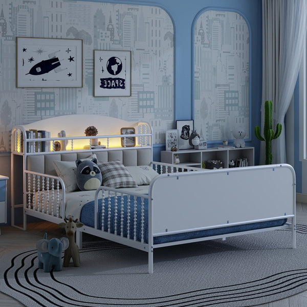 English Elm Full Solid Wood Kids Platform Bed with Guardrail, Low-Profile Durable Pine & MDF, 350LB Capacity White 58.27 L x 16.93 W x 9.65 H W2593P337441
