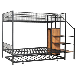 English Elm Twin Metal Bunk Bed with Trundle, Lateral Storage Ladder & Wardrobe | Space-Saving Durable Design Black SF000173AAB