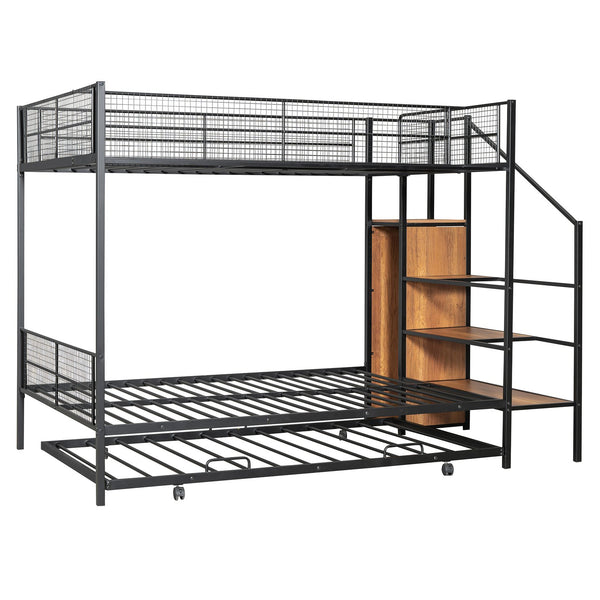English Elm Twin Metal Bunk Bed with Trundle, Lateral Storage Ladder & Wardrobe | Space-Saving Durable Design Black SF000173AAB