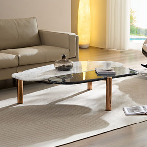 English Elm Faux Mid Century Marble Coffee Tables Set — Large & Small MDF Tops with Gold Geometric Legs, Durable Elegance W876P221049