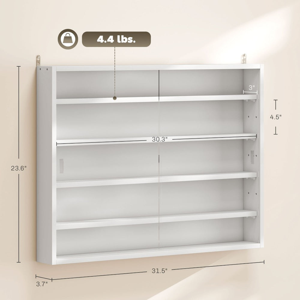 English Elm Wall-mounted Shadow Box Cabinet with Glass Doors and Five Adjustable Shelves White T3971P412868