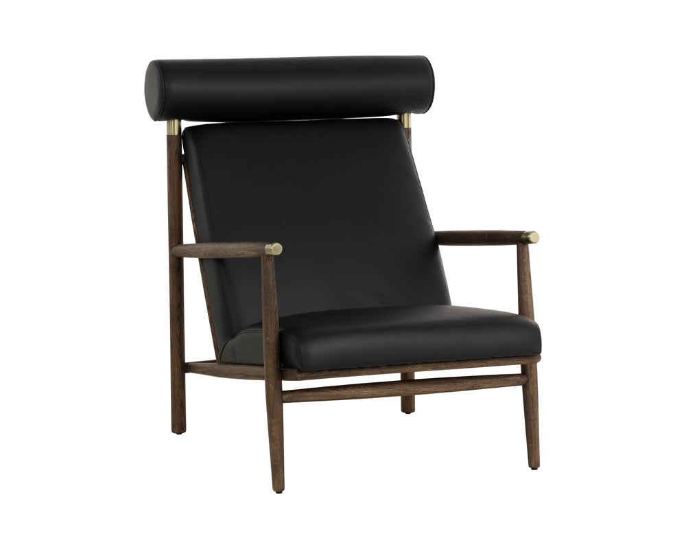 Sunpan Biko Lounge Chair - Stylish Black Leather with Solid Oak Frame & Brushed Brass Accents for Elegance