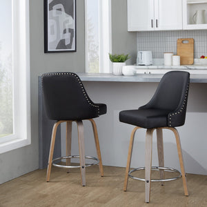 English Elm Fixed-height Swivel Counter Stools with Faux Leather Seats and Chrome Footrest Set of 2 B202S01849