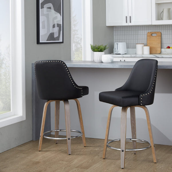 English Elm Fixed-height Swivel Counter Stools with Faux Leather Seats and Chrome Footrest Set of 2 B202S01849
