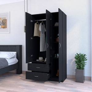 English Elm Eureka Spacious Three-Door Armoire with Two Drawers, Shelves and Rod for Organized Storage Black 39 L x 22 W x 5 H B128S00086