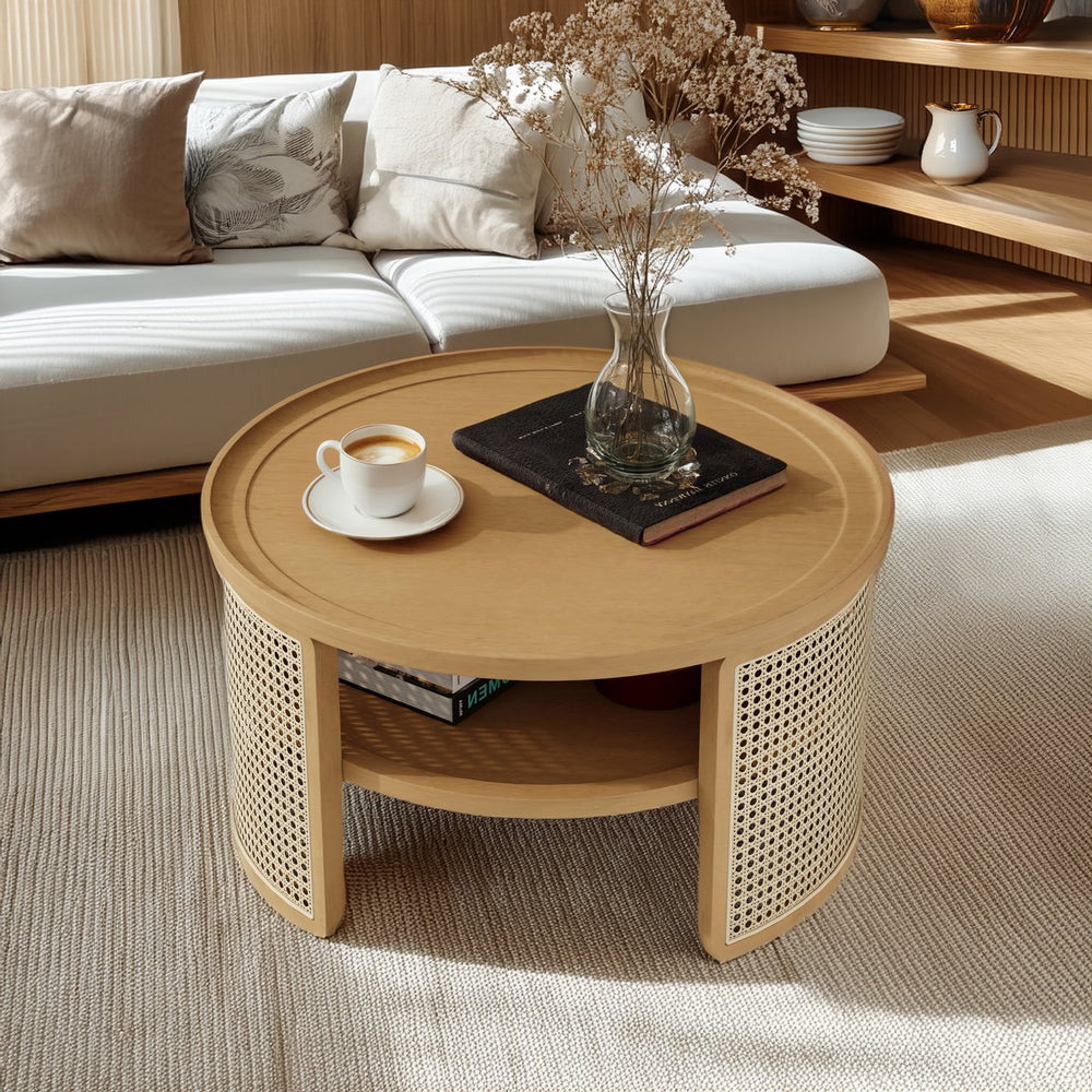 English Elm 2-Tiered Round Natural Wood Coffee Table with Rattan Storage Shelf, Thick Top, Curved Edge Design 31.3" N735P185131N