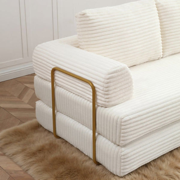 English Elm Convertible Floor Sofa Futon with Corduroy Upholstery for Living Room Lounging and Sleeping Beige W1117P434687