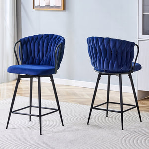 English Elm Set of 2 Velvet Counter Stools Woven Rope Backrest Padded Seat for Kitchen Island W3875P388493