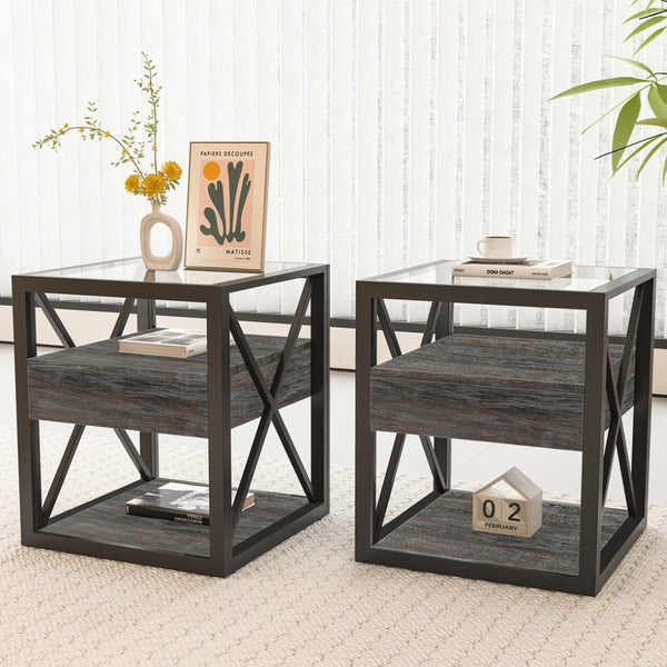 English Elm Set Of 2 Modern End Tables With Drawer - Rustic Industrial Side Tables For Bedroom & Living Room Storage W241P246927-GIGA