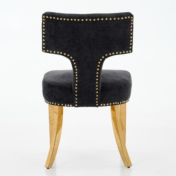 English Elm Mid Mid Century Modern Dining Chair Set with Curved Copper-Nail Backrest, High-Density Foam Seat, Brushed Stainless Legs Black W1143P314903