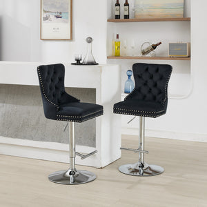 English Elm Thick Velvet Swivel Barstools with 17.7" Chrome Base, Tufted Diamond Pleating, Comfort Foam Seats Black W1143P335042