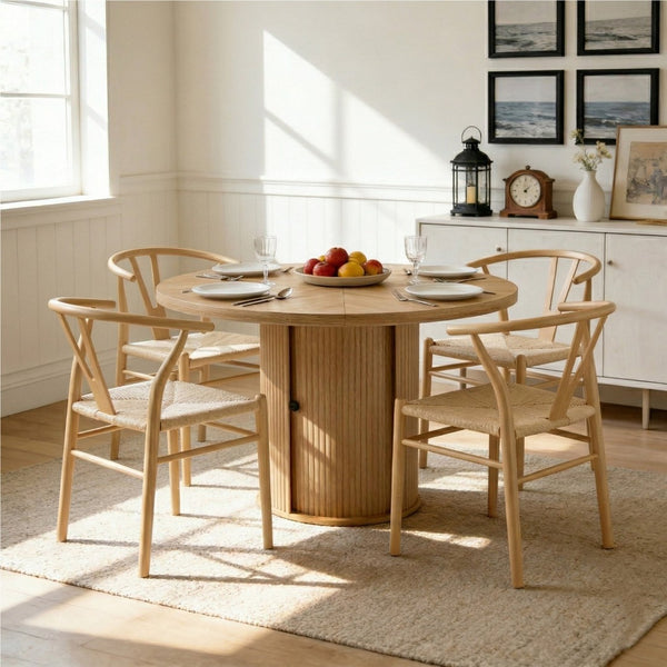 English Elm 4-piece Round Pedestal Dining Set with Woven Wishbone Chairs and Fluted Column Base Natural Wood,Wood W2920S00141