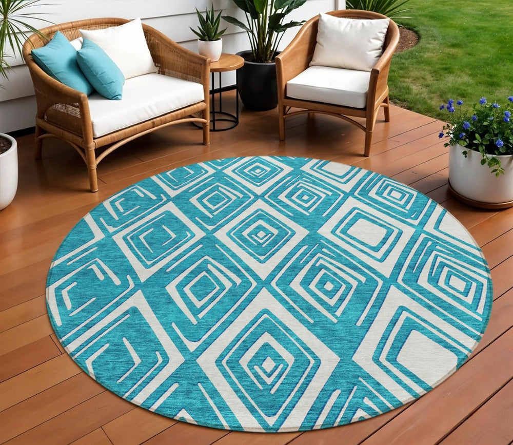 HomeRoots 5' Geometric Teal Blue and Ivory Area Rug - Stylish, Washable, Durable for Indoor and Outdoor Use 8' Round 590000