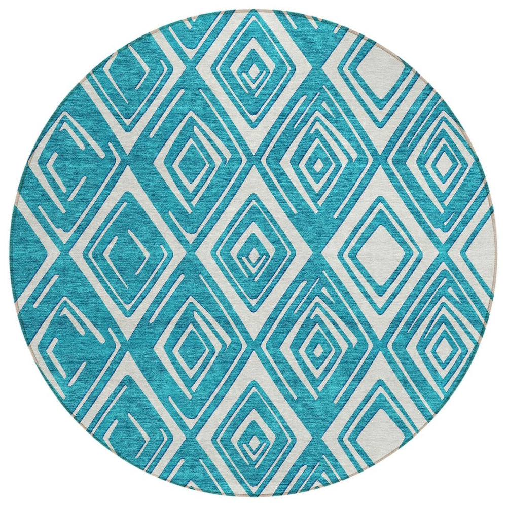 HomeRoots 5' Geometric Teal Blue and Ivory Area Rug - Stylish, Washable, Durable for Indoor and Outdoor Use 8' Round 590000