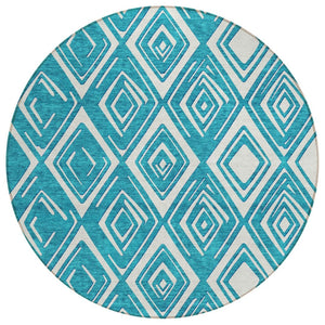 HomeRoots 5' Geometric Teal Blue and Ivory Area Rug - Stylish, Washable, Durable for Indoor and Outdoor Use 8' Round 590000