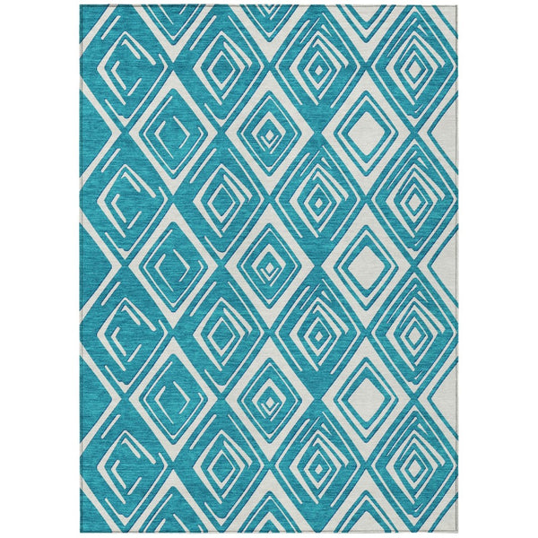 HomeRoots 5' Geometric Teal Blue and Ivory Area Rug - Stylish, Washable, Durable for Indoor and Outdoor Use 8' X 10' 590001