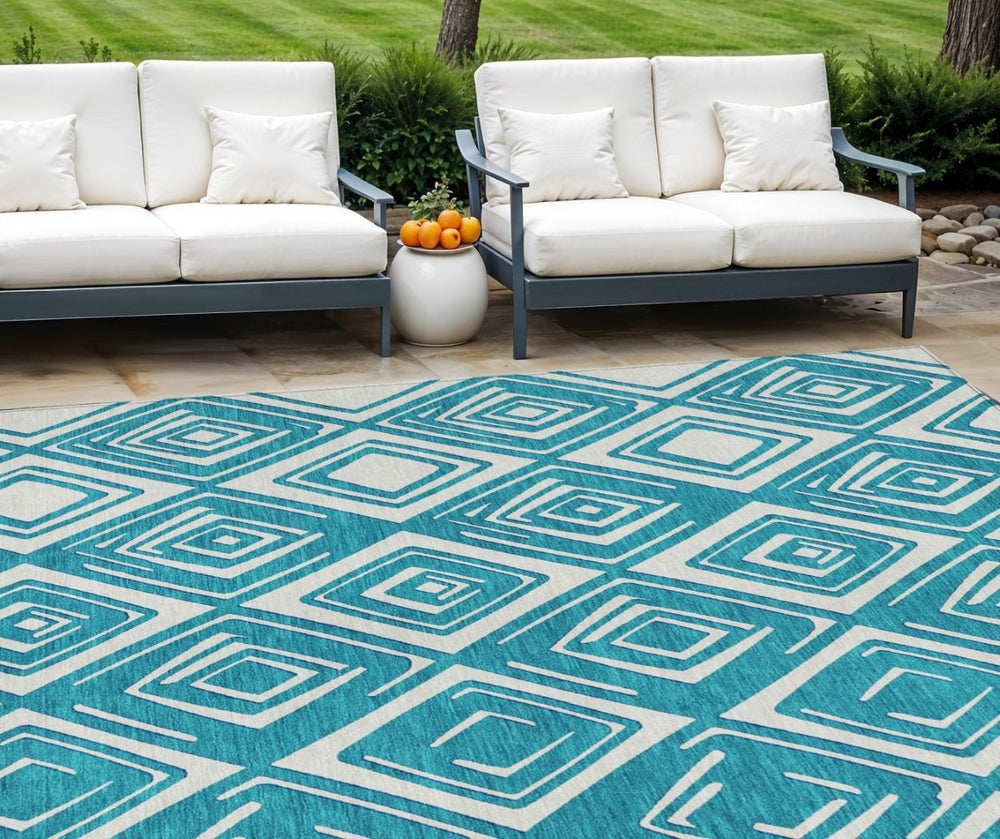 HomeRoots 9' Teal Blue and Ivory Geometric Area Rug - Stylish, Washable, and Durable for Indoor or Outdoor Use 9' X 12' 590002