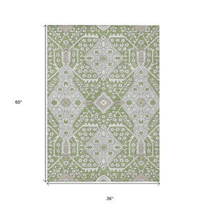 Homeroots 3' Versatile Floral Indoor Outdoor Area Rug In Artichoke Green, Ivory, And Gray - Washable Design 3' X 5' Polyester 590010