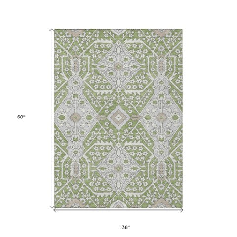 Homeroots 3' Versatile Floral Indoor Outdoor Area Rug In Artichoke Green, Ivory, And Gray - Washable Design 3' X 5' Polyester 590010