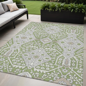 Homeroots 3' Versatile Floral Indoor Outdoor Area Rug In Artichoke Green, Ivory, And Gray - Washable Design 5' X 8' Polyester 590011
