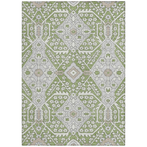 Homeroots 3' Versatile Floral Indoor Outdoor Area Rug In Artichoke Green, Ivory, And Gray - Washable Design 5' X 8' Polyester 590011