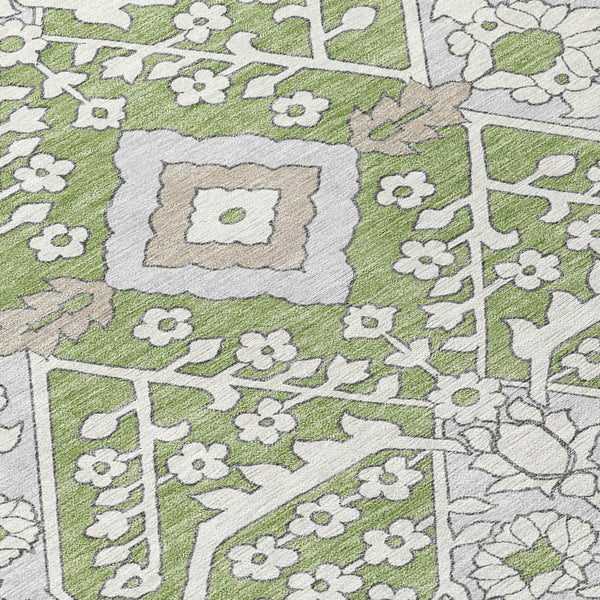 Homeroots 3' Versatile Floral Indoor Outdoor Area Rug In Artichoke Green, Ivory, And Gray - Washable Design 5' X 8' Polyester 590011