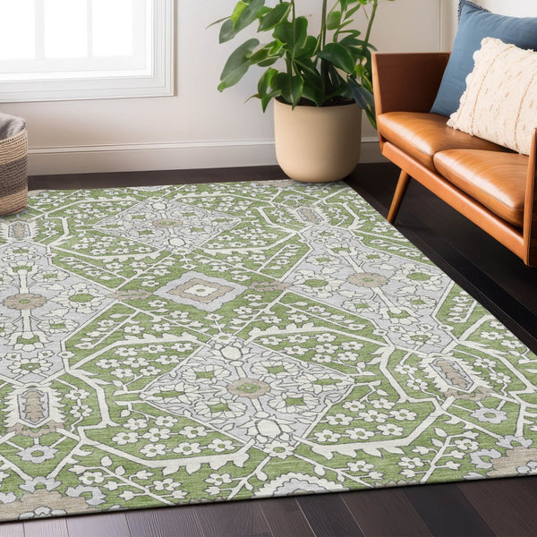 Homeroots 3' Versatile Floral Indoor Outdoor Area Rug In Artichoke Green, Ivory, And Gray - Washable Design 5' X 8' Polyester 590011