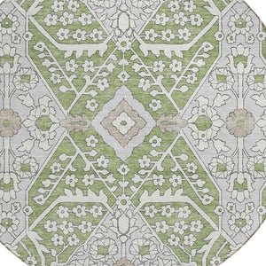 Homeroots 3' Versatile Floral Indoor Outdoor Area Rug In Artichoke Green, Ivory, And Gray - Washable Design 8' Round Polyester 590012